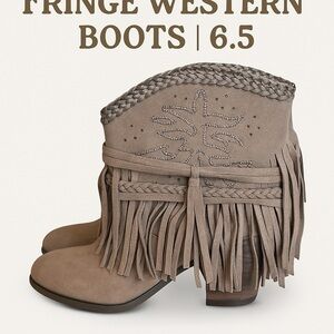 Not Rated Fringe Western Boots – Size 6.5 Brown Taupe Neutral Boho Festival Fun